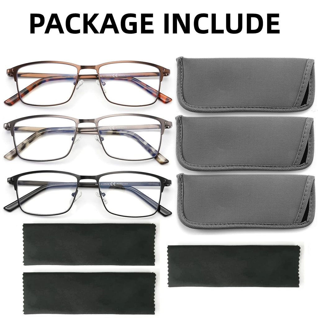 CRGATV 3-Pack Reading Glasses for Men Blue Light Blocking Metal Full Wide Frame Computer Readers Anti UV/Eye Strain/Glare (+1.75 Magnification Strength)