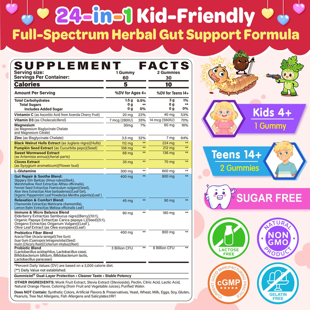 Para Cleanse for Kids & Teens, 24-in-1 Gut Health Gummies - Black Walnut, Wormwood, Clove, Pumpkin Seeds, Vitamin C, Probiotics-Gentle Gut Support, Natural Digestive Balance, Immunity, 0 Sugar, 60cts