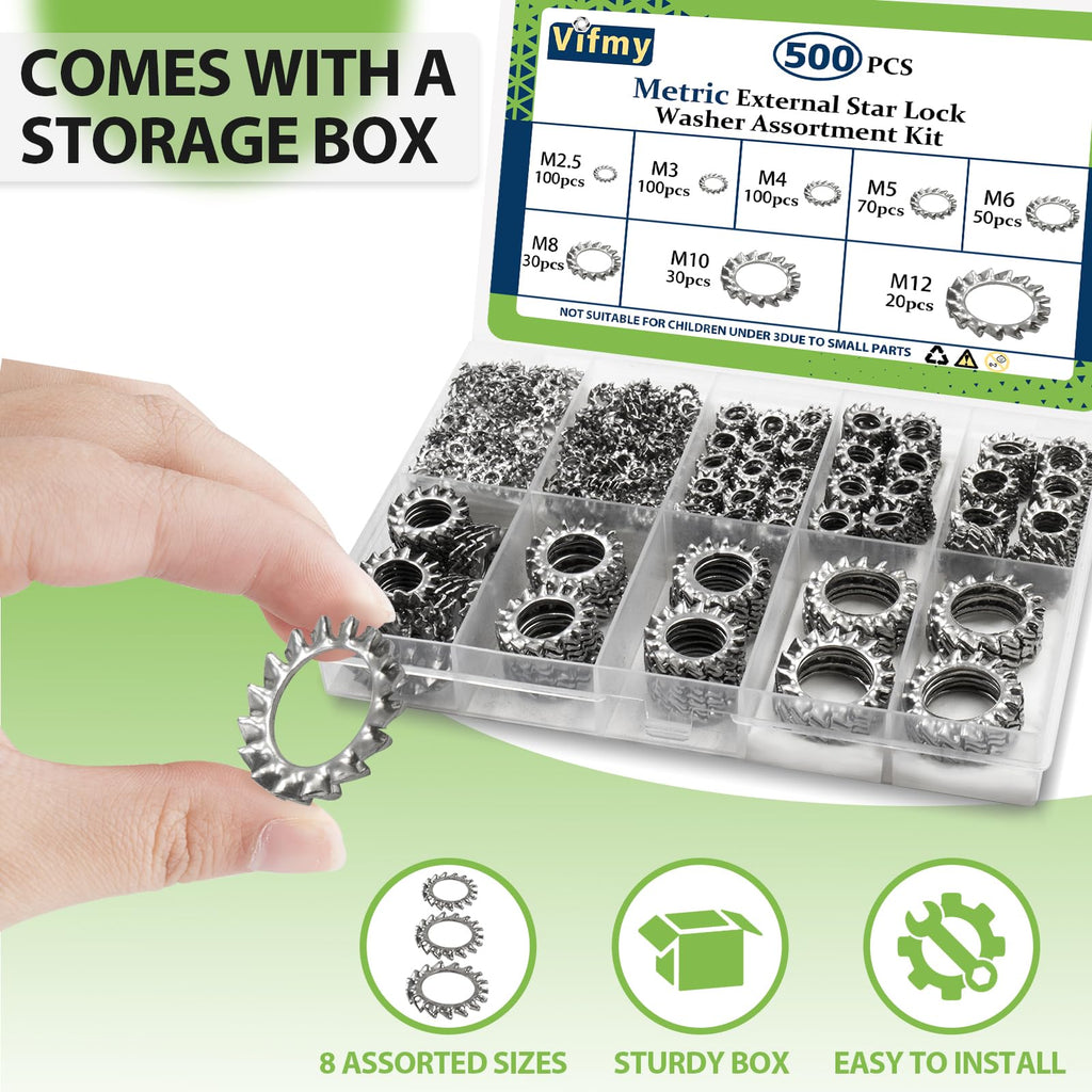 Vifmy Star Washers External Tooth Lock Washers Assortment (M2.5-M12) 500Pcs
