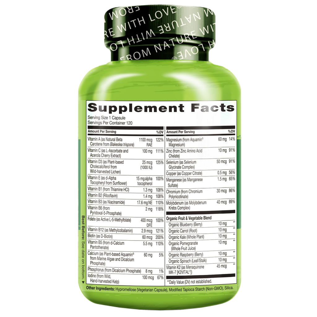 NATURELO Mens Multivitamins for Men 50+ - One Daily Multivitamin for Men with Vitamins, Minerals & Organic Whole Foods, Boost Energy & Health, Non-GMO, 120 Vegetarian Capsules