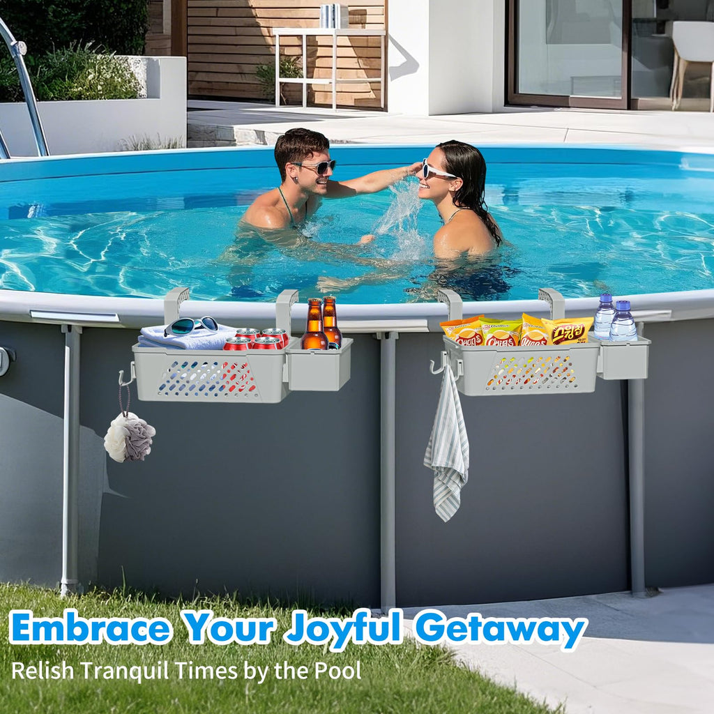Poolside Storage Basket 2 Pack - Above Ground Pool Accessories, Swimming Pool Storage Baskets with Cup Holders,Fits 3” or Smaller Top Rails,Versatile Organizer for Pool Toys,Towels,Beverages (Grey)