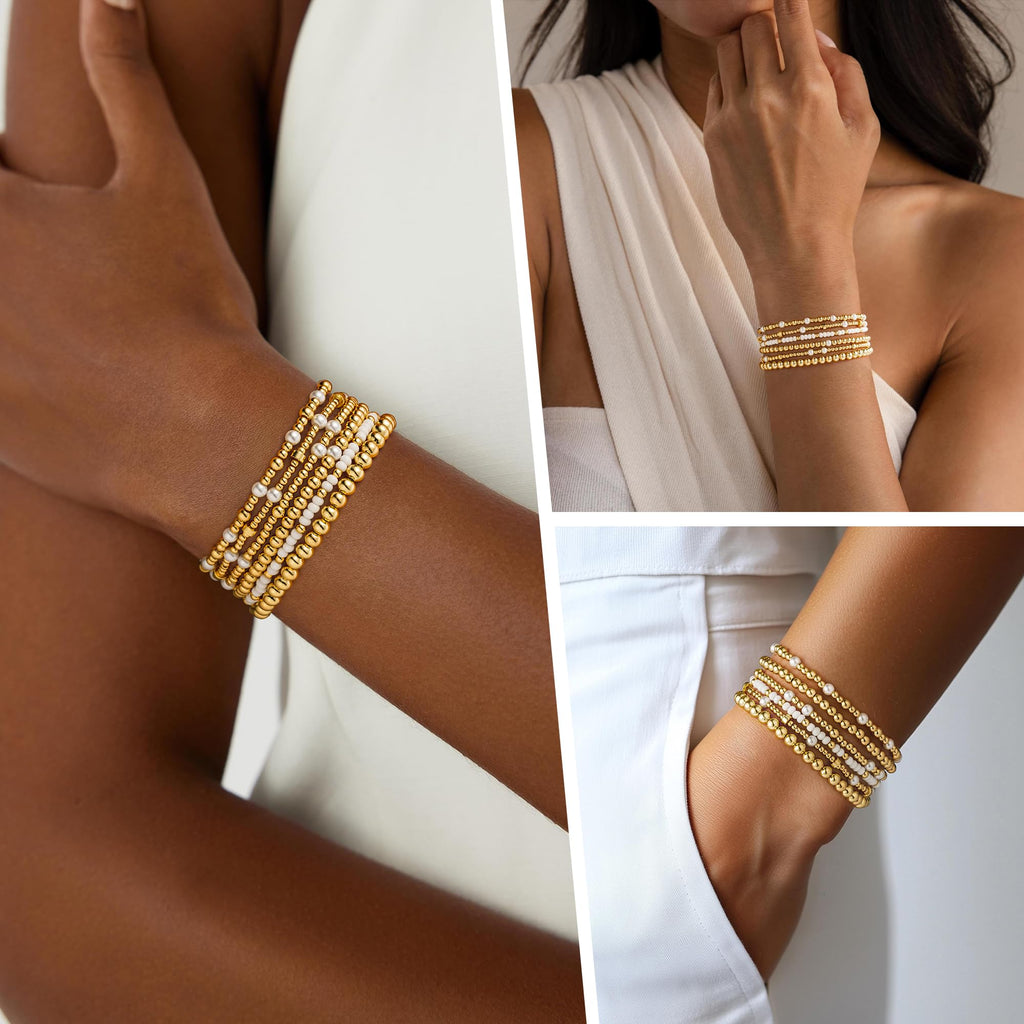 Turandoss 6PCS Gold Beaded Bracelets Set for Women, 14K Gold Plated