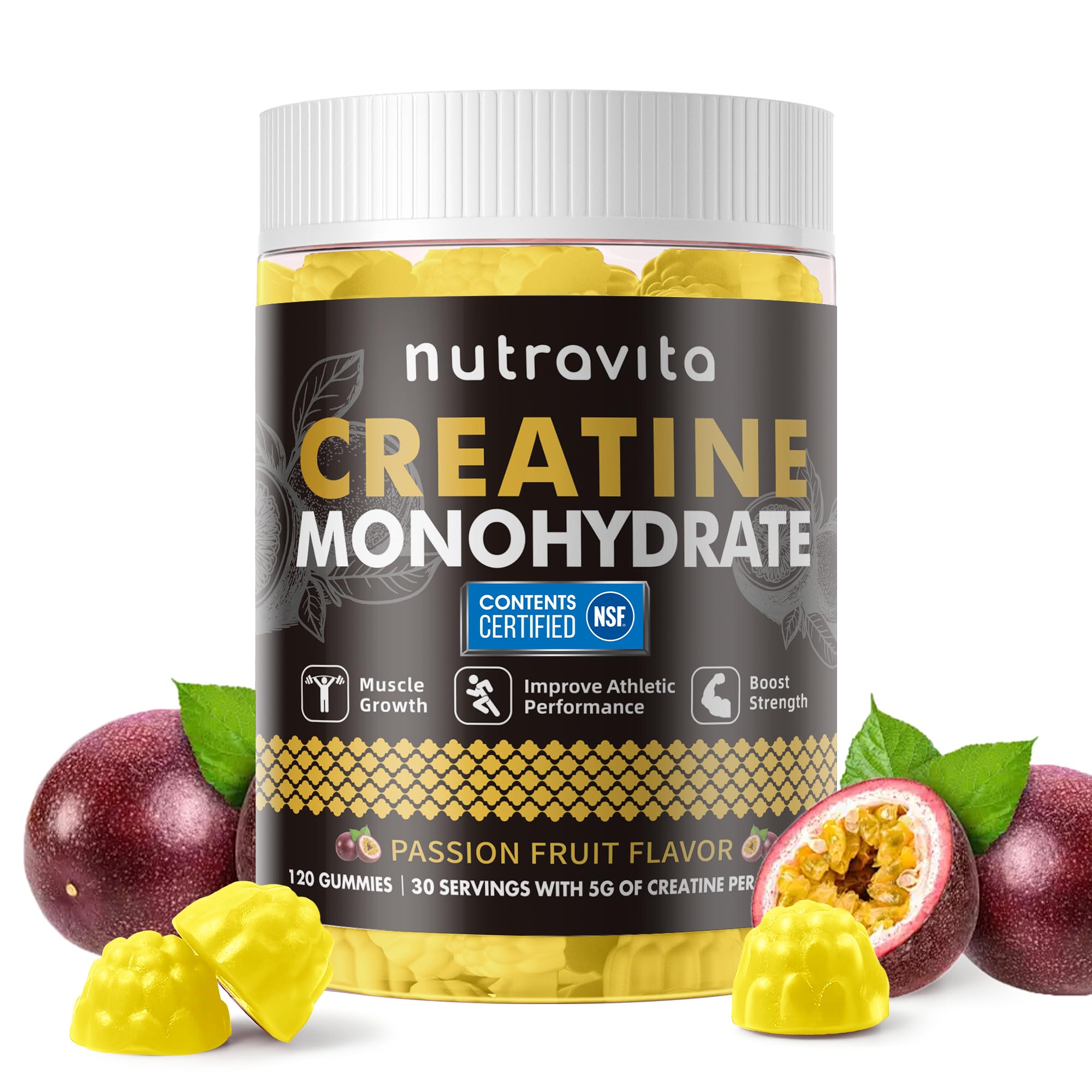 Nutravita NSF Certified Creatine Gummy - Creatine Monohydrate Gummies for Men & Women-5g of Creatine Monohydrate per Serving - Sugar Free,Vegan, Passion Fruit Flavor, 120 Count