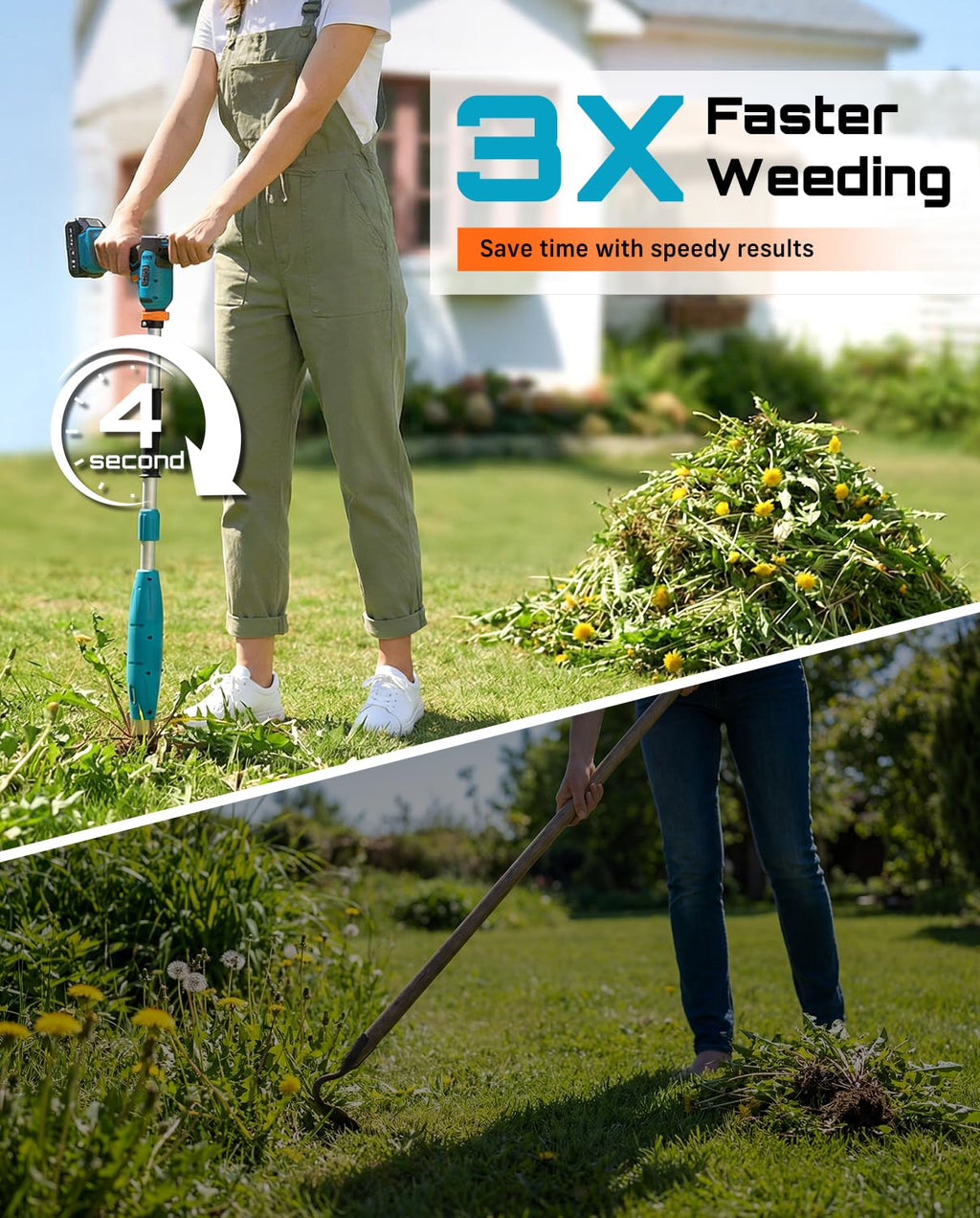 SEESII Electric Stand-Up Weed Puller, Steel 3-Claw Spiral, 40"-47" Handle