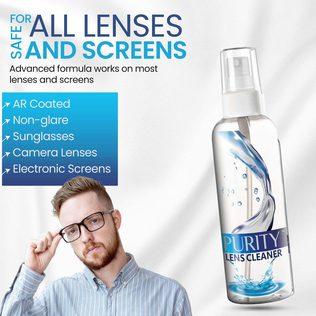Purity Eyeglass Lens Cleaner Kit - 2 x 8oz and 1 x 2oz Lens Cleaner Spray Bottle + 2 Microfiber Cleaning Cloths - Safe for All Lenses (AR Coated Included), Eyeglasses and Screens - Clear
