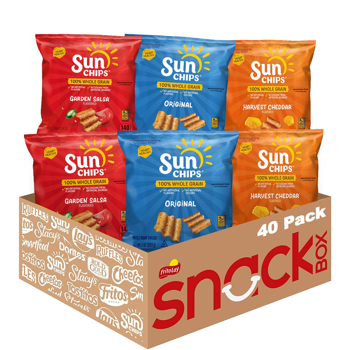 SunChips 100% Whole Grain Chips, Variety Pack, 1 oz Bags, Pack of 40, No Artificial Flavors, Colors