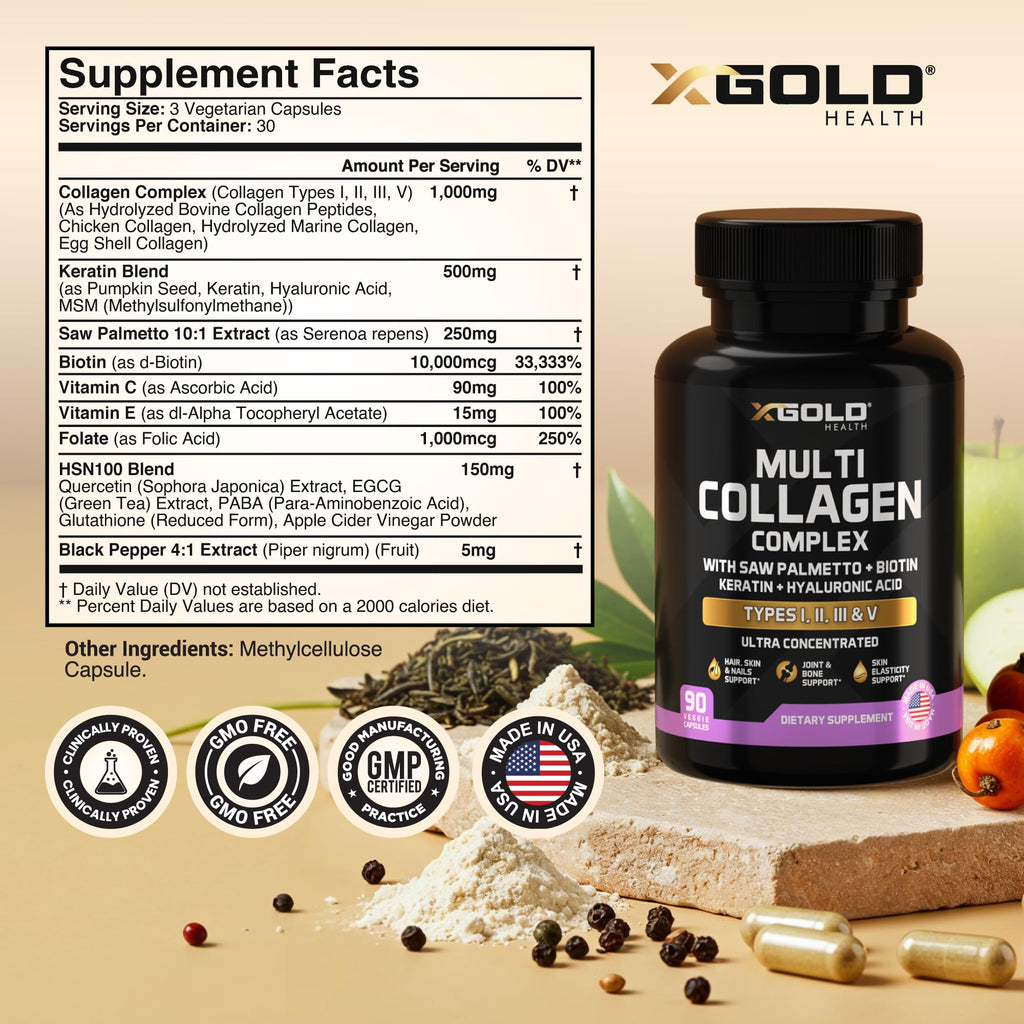 X Gold Health Collagen Complex, Types I, II, III, V, Biotin 10,000 mcg, Keratin, Hyaluronic Acid, Saw Palmetto, Vitamins C & E Advanced HSN Formula for Men & Women 90 Vegan Capsules