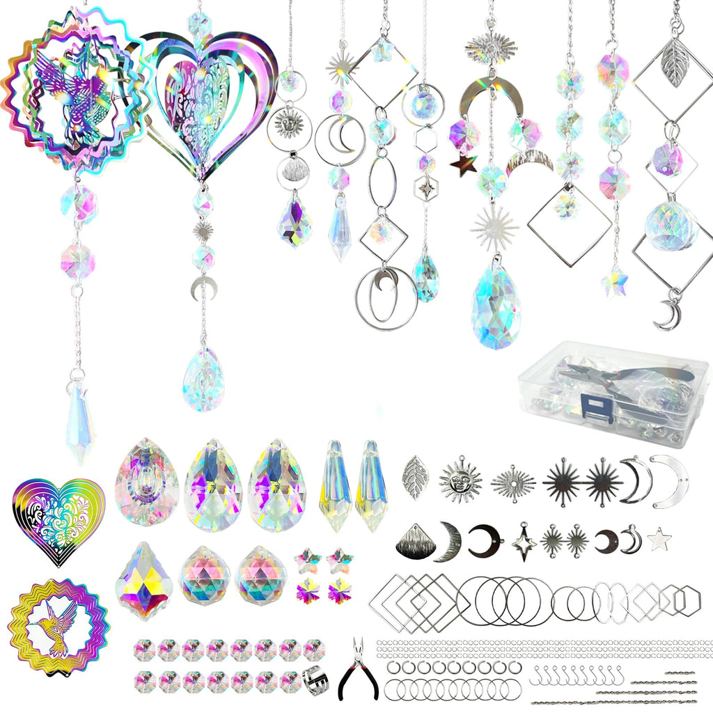SNAIL GARDEN 202PCS Crystal Suncatcher Kit with 3D Wind Spinners,DIY Suncatcher Kits for Adults,Rainbow Window Prism Hanging Crystals,Colorful Ornament Pendant Window Charms for Garden,Car,Bedroom