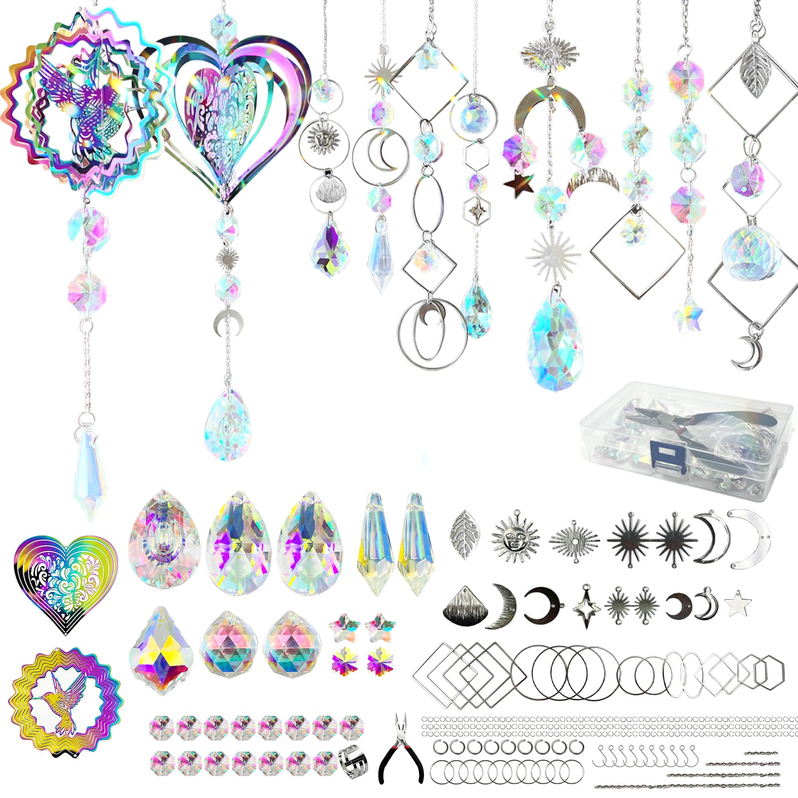 SNAIL GARDEN 202PCS Crystal Suncatcher Kit with 3D Wind Spinners,DIY Suncatcher Kits for Adults,Rainbow Window Prism Hanging Crystals,Colorful Ornament Pendant Window Charms for Garden,Car,Bedroom