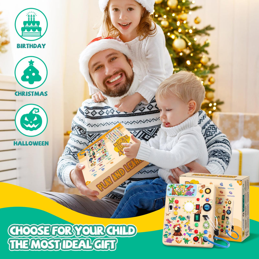 Iabedi Dinosaur Busy Board, Wooden Toddler Toy, Sensory Travel Toy, Ideal Gift for 1-3 Years Old Boys (Dinosaur Busy Board Plus V2), Blue