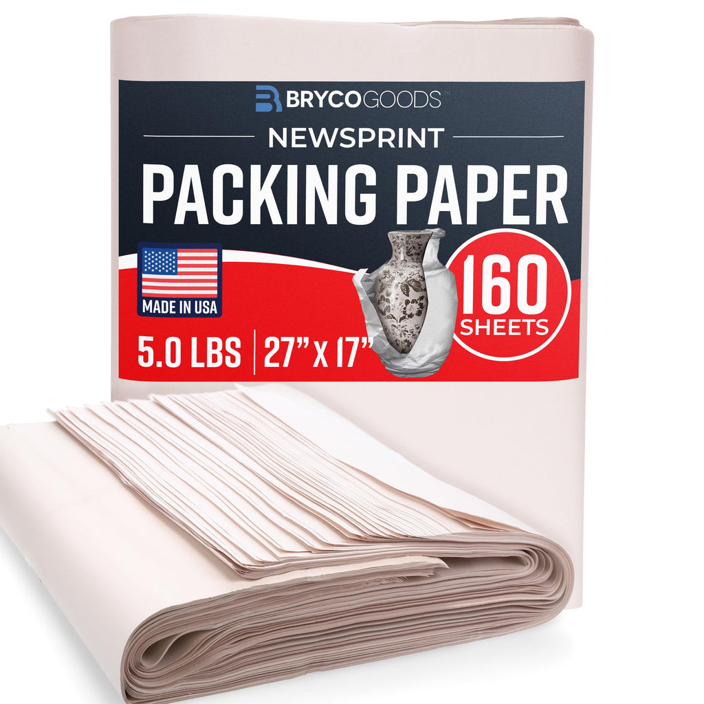 Bryco Goods Newsprint Packing Paper Sheets for Moving - 5lb - 160 Sheets of Newspaper Paper - Must Have in Your Moving Supplies - 27" x 17" - Made in USA