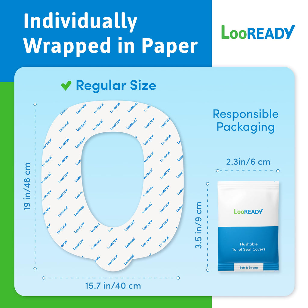 Toilet Seat Covers Disposable Flushable - Regular Size (16x19”) - Travel Size Individually Wrapped, Soft & Strong, Pocket Size for Public Restrooms at the Office, for Commuters or Holiday (30 Pack)
