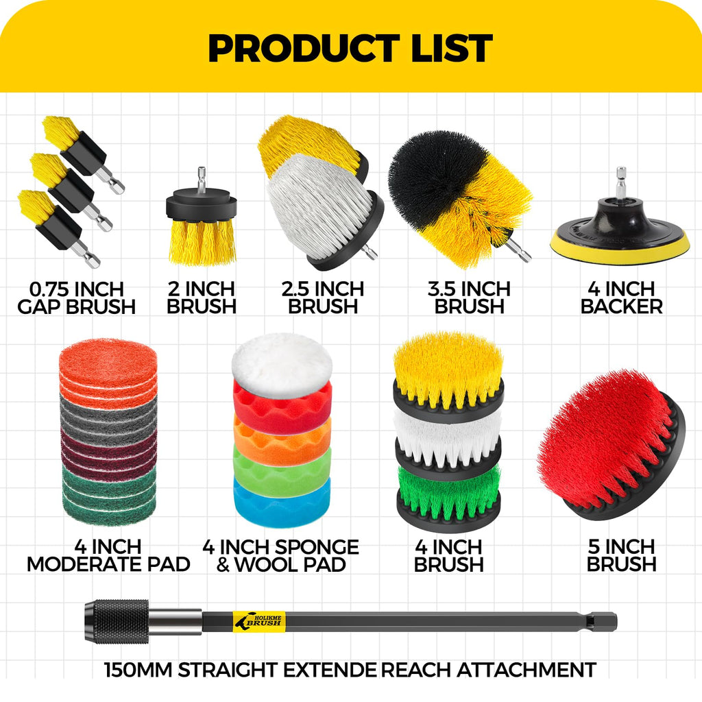 Holikme 30Pack Drill Brush Attachments Set,Scrub Pads & Sponge, Power Scrubber Brush with Extend Long Attachment All Purpose Clean for Grout, Tiles, Sinks, Car Polishing Pads,Bristle Discs