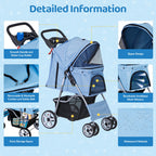 ZENY Foldable Pet Stroller, Cat/Dog Stroller with 4 Wheel, Pet Travel Carrier Strolling Cart with Storage Basket, Cup Holder (Blue)