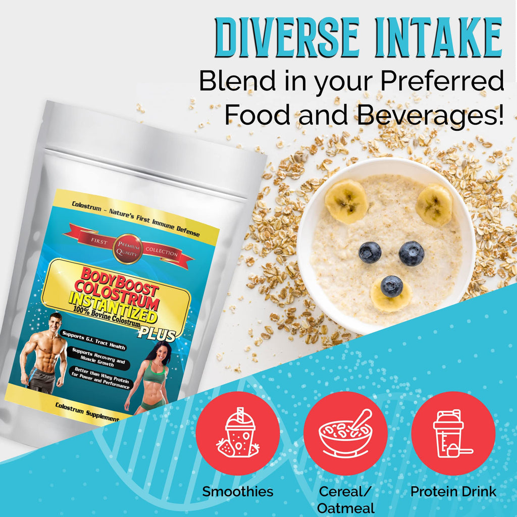 BodyBoost Colostrum Instantized, 99.5% Bovine Colostrum Powder, Immune Booster Supplement with Immunoglobulin & Lactoferrin, Grass Fed Colostrum, Food for Gut Health, Diverse Intake, 2 x 16 oz