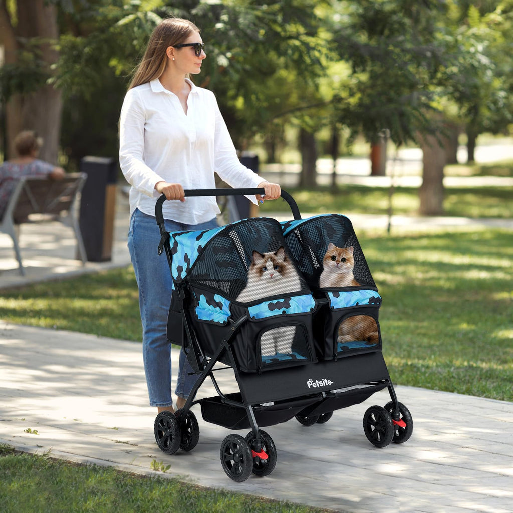 PETSITE Double Pet Stroller, Foldable Double Dog Stroller with 2-Seater Carrier, Adjustable Sunshade, Removable Pad, Safety Belt, Storage Basket, 4-Wheel Pet Travel Cart for 2 Puppies & Cats (Navy)