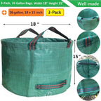 Standard 3-Pack 16 Gallons Yard Garden Bags (D18,H15 inch) W/Gardening Gloves, Reusable Leaf Bags,Grass Clippings,Lawn Debris Bag,Laundry Container,Patio Trash Bin,Yard Waste Bags,Weeds Bag 4 Handles