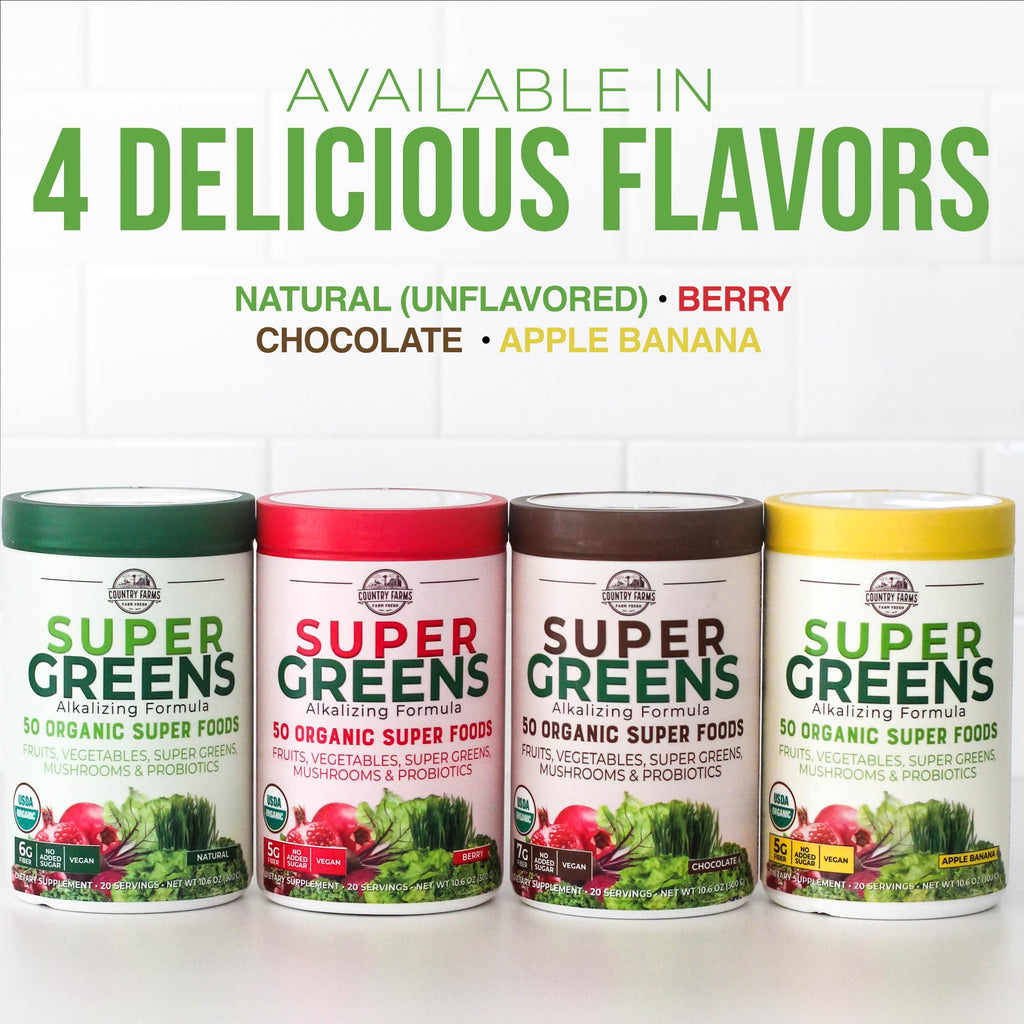 Country Farms Organic Super Greens Natural Flavor, 50 Organic Super Foods, Packed with Fiber, USDA Organic Drink Mix, Fruits, Vegetables, Mushrooms & Probiotics, Supports Energy, 6g Fiber