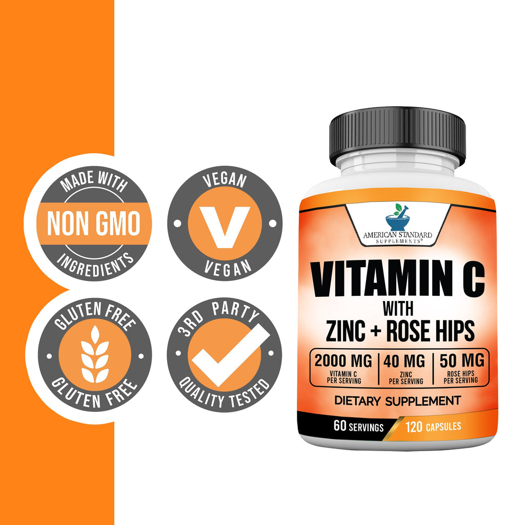 American Standard Supplements Vitamin C 2000mg, Zinc 40mg, and Rose HIPS 50mg Per Serving, Vegan, Gluten Free, Non-GMO (120 Count)