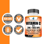 American Standard Supplements Vitamin C 2000mg, Zinc 40mg, and Rose HIPS 50mg Per Serving, Vegan, Gluten Free, Non-GMO (120 Count)