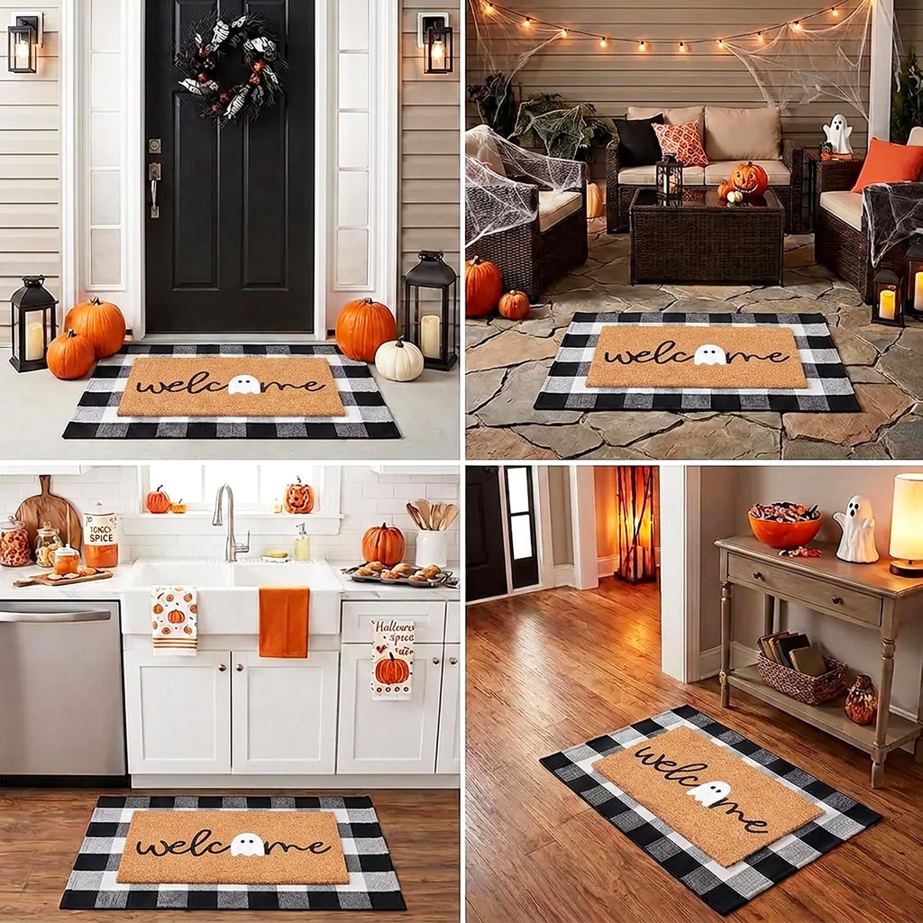 Halloween Door Mat Combo Set, Welcome Ghost Coco Coir Welcome Doormat + 28" x 43" Black and White Plaid Rug, Autumn Halloween Front Porch Entryway Decor Floor Mat