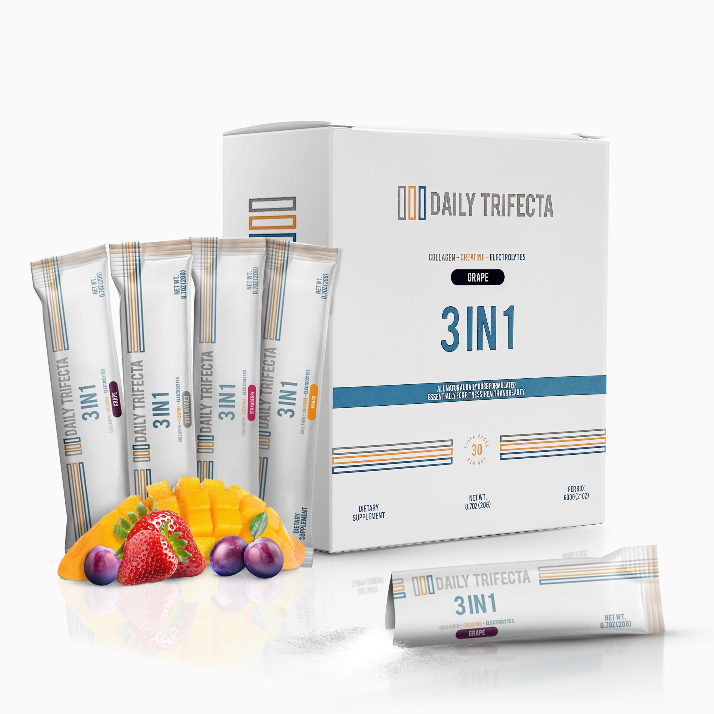 DAILY TRIFECTA 3-in-1 Collagen, Creatine & Electrolyte Stick Packs | Type I Collagen, Creatine Monohydrate, Zero Sugar | 30 Natural Single-Serve Packets | Strength, Hydration & Recovery (Grape)