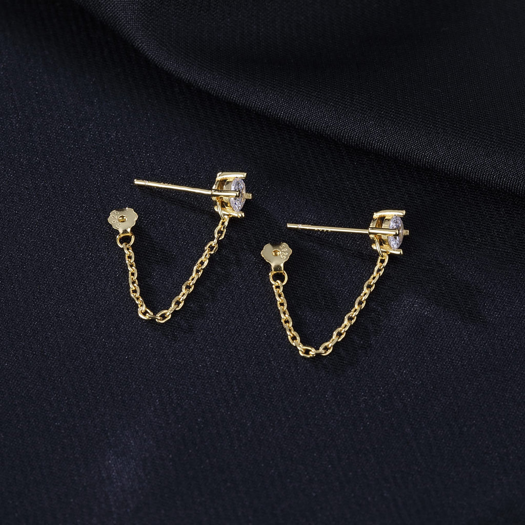 Reffeer 925 Sterling Silver CZ Chain Studs Earrings Dangle for Women Teen Girls CZ Chain Drop Earrings Studs (B-Gold)