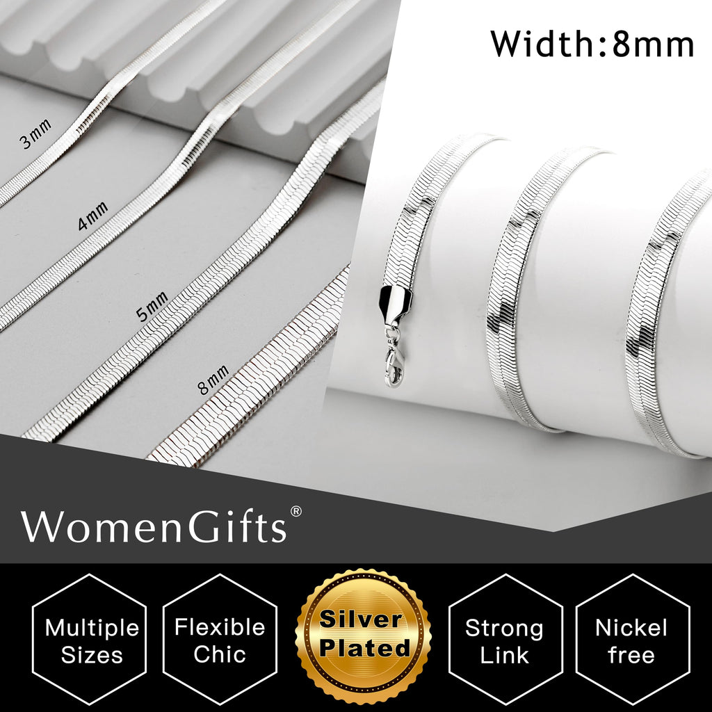 Chunky Silver Long Herringbone Necklace for Women – Stainless Steel Dainty Snake Chain Choker, Trendy Simple Long Layered Jewelry Non Tarnish, 8mm, 18 Inch & 2 Inch Extension Chain, Gift for Her