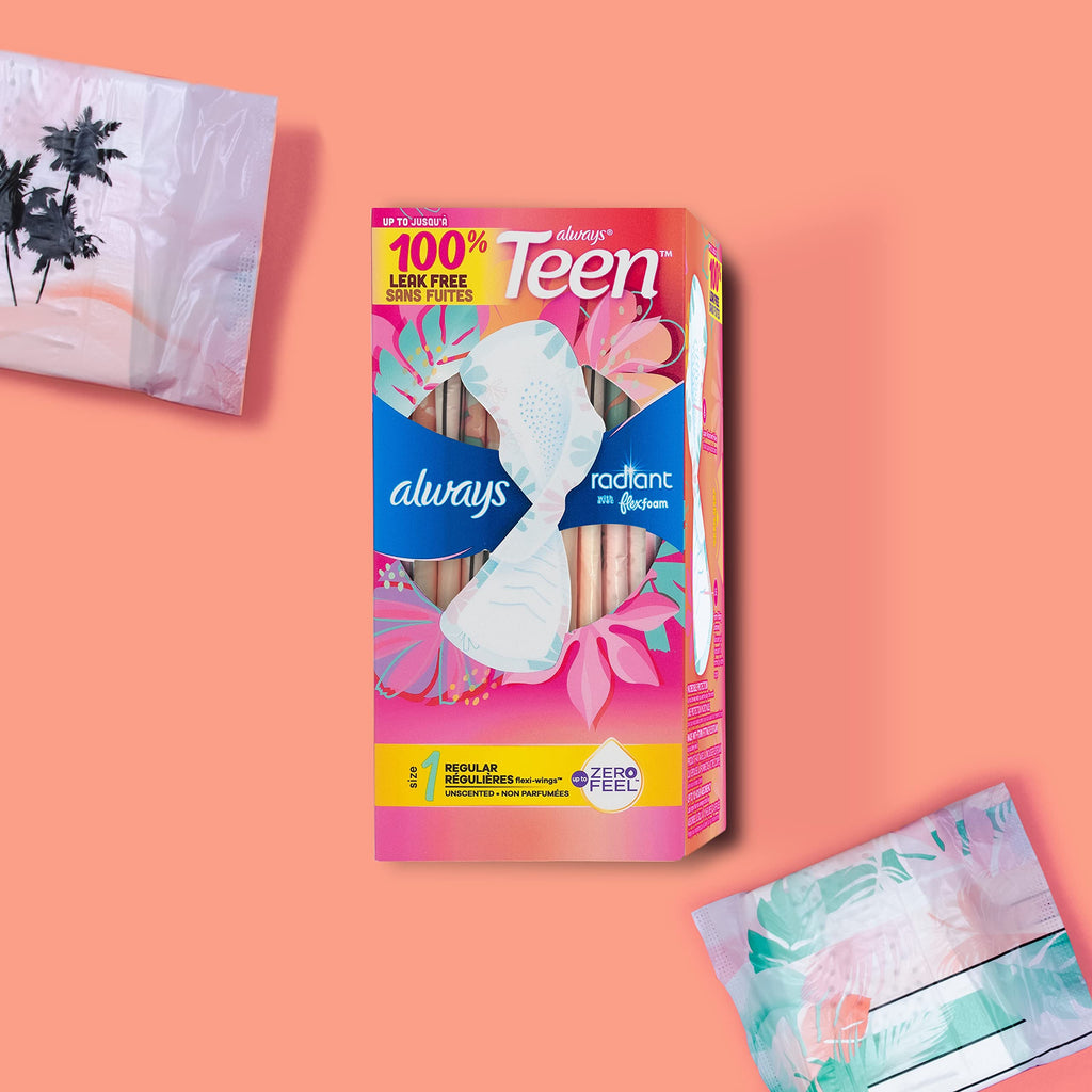 Always Radiant Teen Pads, Size 1, Regular, with Wings, Unscented, 42 Count