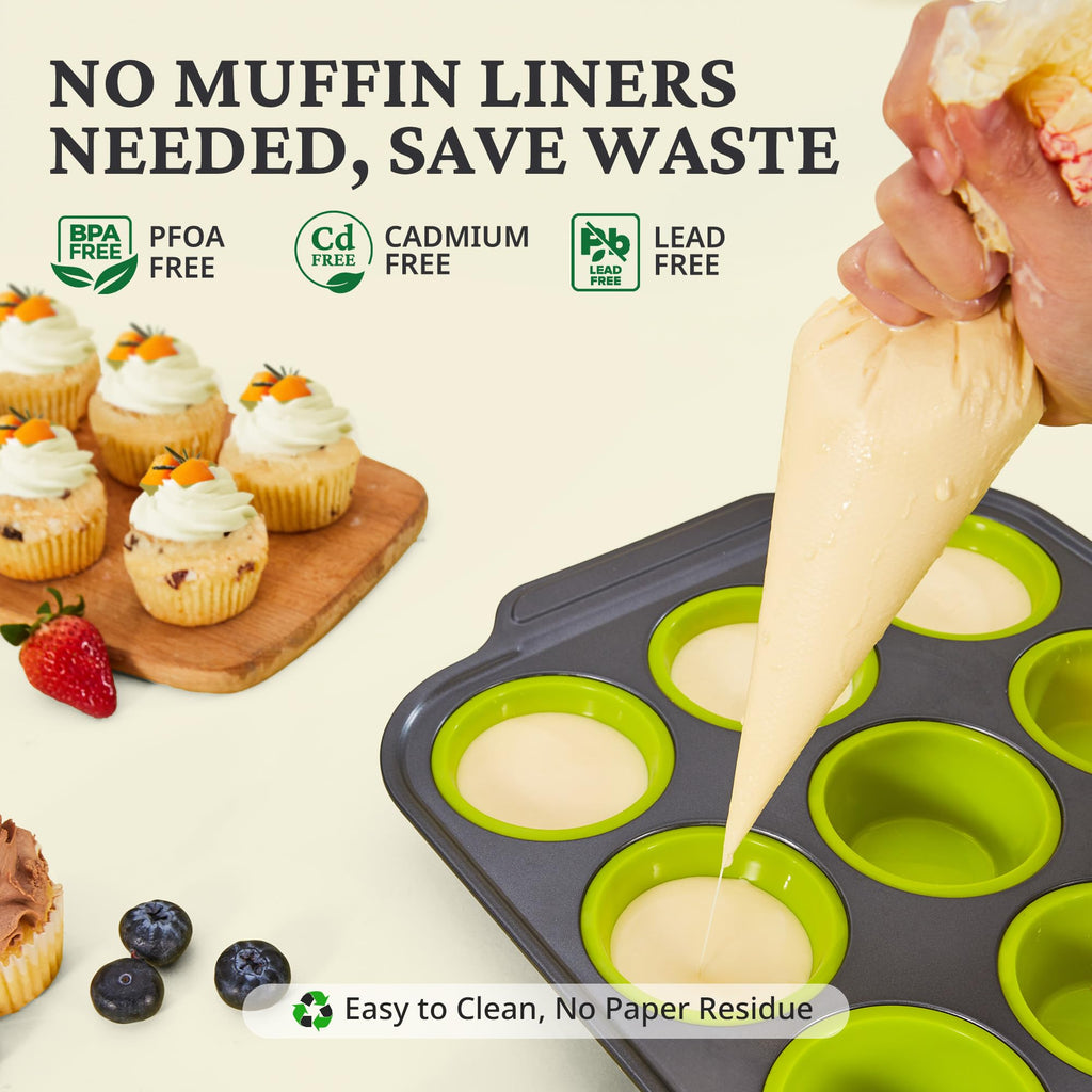 BRONYPRO Silicone Muffin Pans for Baking with Metal Frame, Egg Bite Maker Silicone Molds, Cupcake Pans 12 Regular Size, Muffin Tins Easy to Pop Nonstick Non Toxic Bakeware for Oven, Lime Green