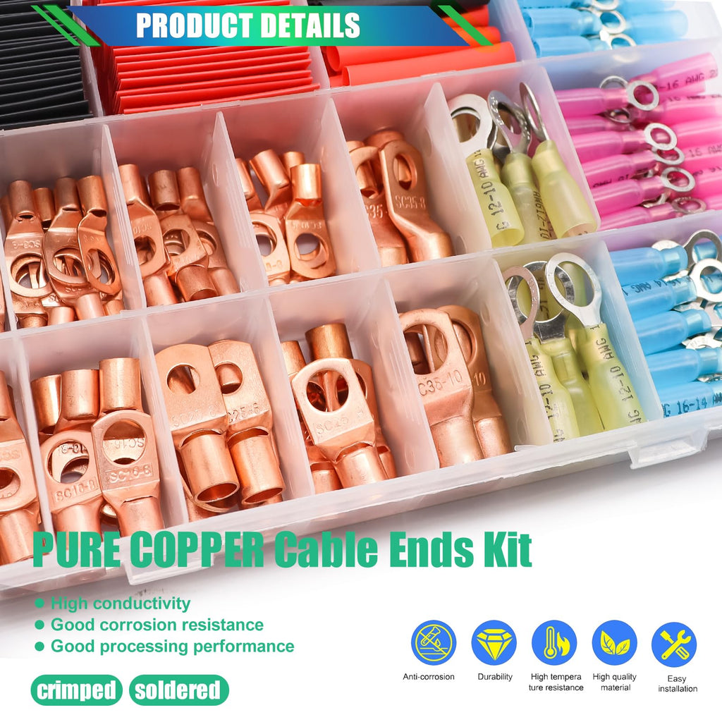 Twidec/180PCS Battery Cable Ends AWG 2 4 6 8 10 12 14 16 Gauge Copper Cable Wire Lugs,Ring Terminals Connectors,Copper Ring Terminals Connectors with Heat Shrink N-105-180PCS