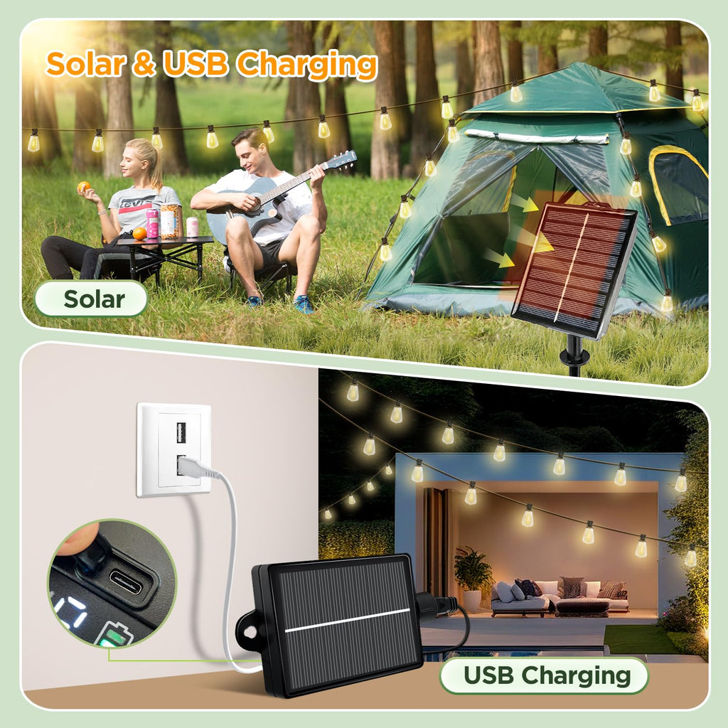 Skoiuc Solar String Lights Outdoor Waterproof with Remote & Timer, LED Shatterproof ST38 Bulbs, USB & Solar Powered Patio Lights for Backyard, Porch, Garden, Wedding, Christmas Decor (25FT)