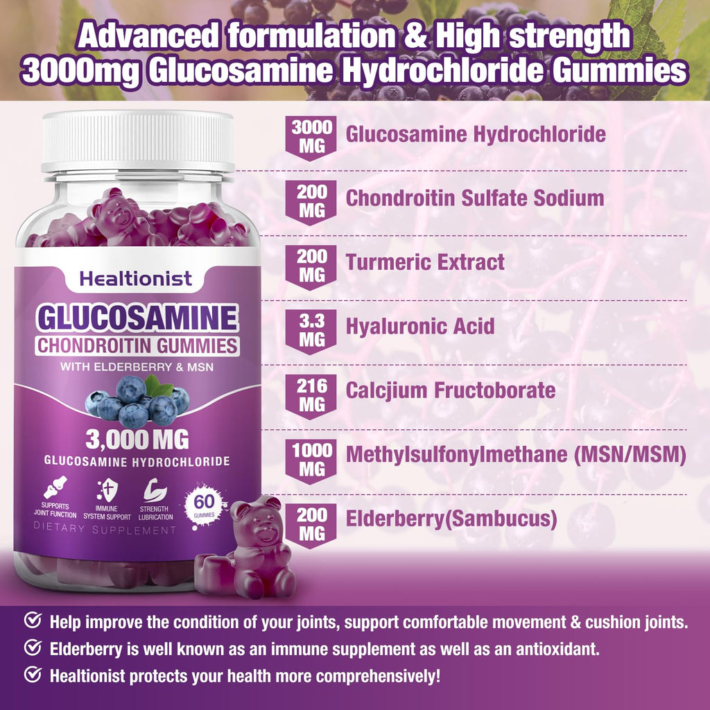 Healtionist 2 Packs 3000mg Glucosamine Chondroitin Gummies with MSM & Elderberry - Extra Strength Joint Health, Flexibility, Antioxidant Immune Support Supplement Gummy for Adults, Men & Women 120 Cts