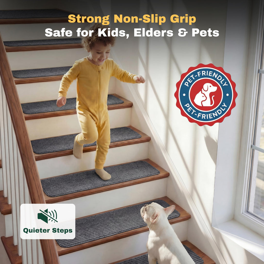 MBIGM 8" X 30" (15 in Pack) Non-Slip Carpet Stair Treads Non-Skid Safety Rug Slip Resistant Indoor Runner for Kids Elders & Pets with Reusable Adhesive - Gray - Carpet Pads for Stairs
