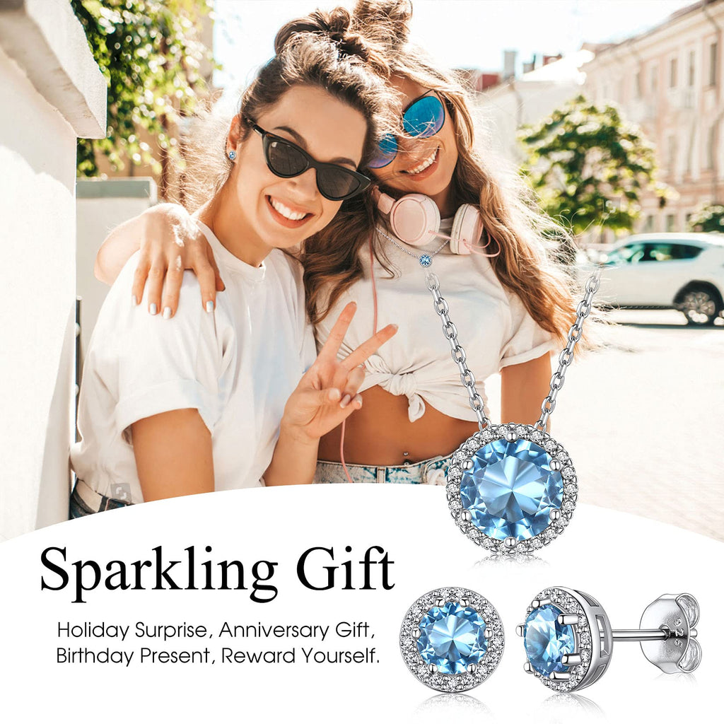 Bestyle 925 Sterling Silver Love Round Cubic Zirconia Earrings March Aquamarine Birthstone Stud Earrings for Women, Hypoallergenic Earrings for Sensitive Ears