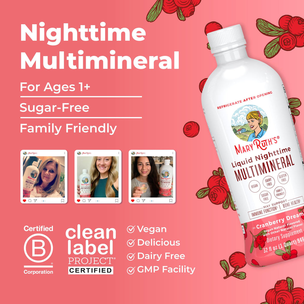 MaryRuth's Liquid Nighttime Multimineral | NO Melatonin | Bedtime Routine | Magnesium Citrate | Calcium | Zinc | Vitamin D3 | Available in 4 Flavors | Vegan | Sugar Free | Gluten Free | 32 Oz