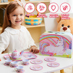 JOYIN Unicorn Tea Party Set for Little Girls, Pretend Pink Tin Teapot Set, Princess Tea Time Play Kitchen Toy with Teapot, Cup, Plate, Carrying Case for Kids Toddlers Age 3 4 5 6, Gift for Christmas