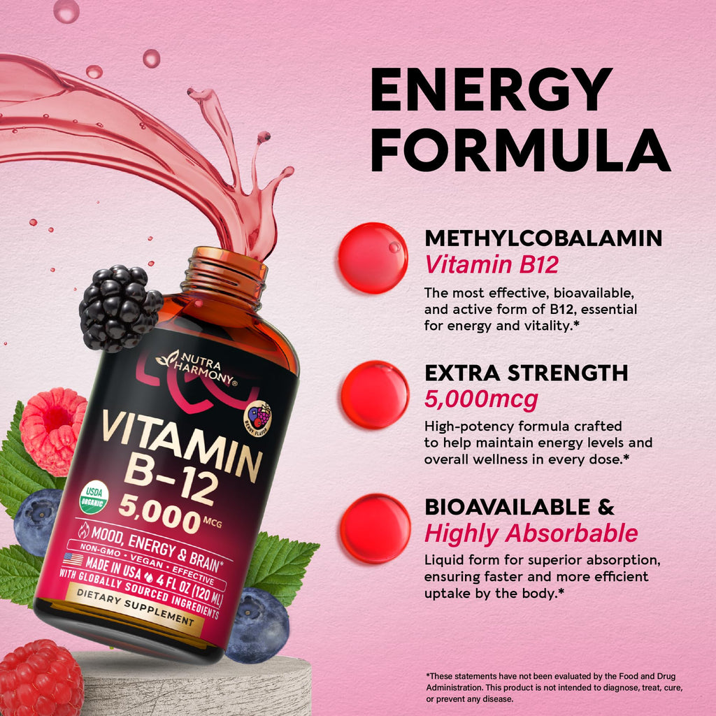 USDA Organic Vitamin B12 Sublingual Drops - 5000 mcg Liquid Vegan Methylcobalamin for Women & Men - Energy Boost, Focus & Mood, Brain Health Support - Maximize Absorption - 4 Month Supply, 4 fl oz
