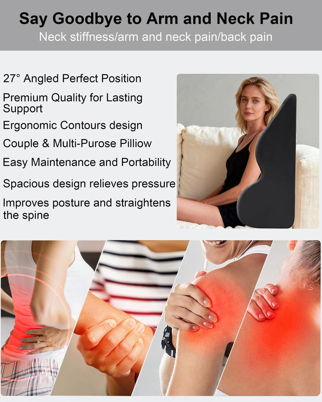 HOMEPAC Sweet Spot Pillow, Memory Foam Support Pillow for Couples, 27 Ergonomic Contoured Lounger Cushion for Back, Lumbar and Body Support, Multi-Functional Comfort Pillow (Black)