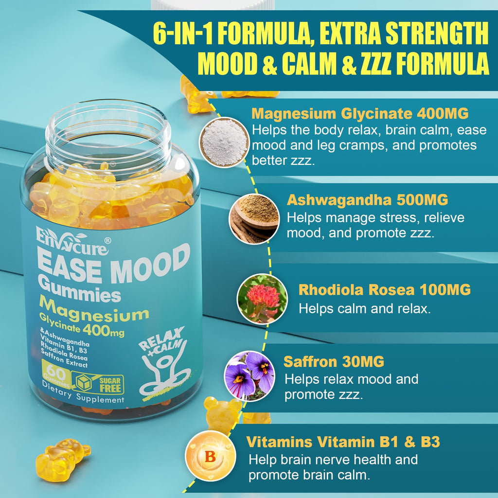 Sugar Free Magnesium Glycinate Gummies 400mg with Ashwagandha, B1, B3, Rhodiola Rosea & Saffron for Support Rest, Mood & Energy Calm Magnesium Gummies for Adults, Chewable Magnesium Supplement, 60Ct