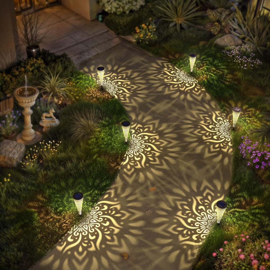 gardencave 6 Pack Solar Lights Outdoor Garden Decorative Mandala Solar Garden Lights with Warm Light Waterproof Solar Pathway Landscape Light for Path Patio Backyard Walkway Yard Decor (White)