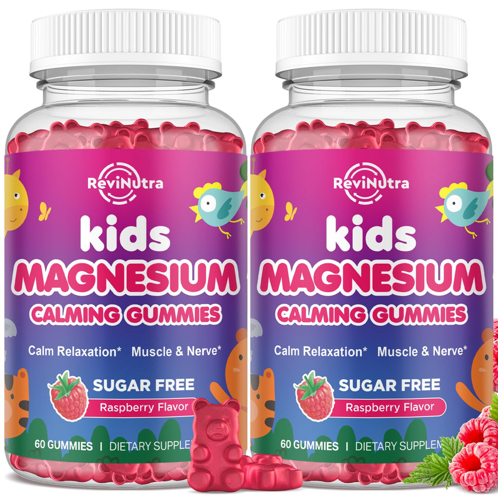 2 Pack Kids Magnesium Gummies, Magnesium Glycinate Gummies for Kids & Adults with L-Theanine, Chamomile, Vitamin D, B6 for Sleep, Relaxation, Brain & Muscle, Sugar Free Raspberry