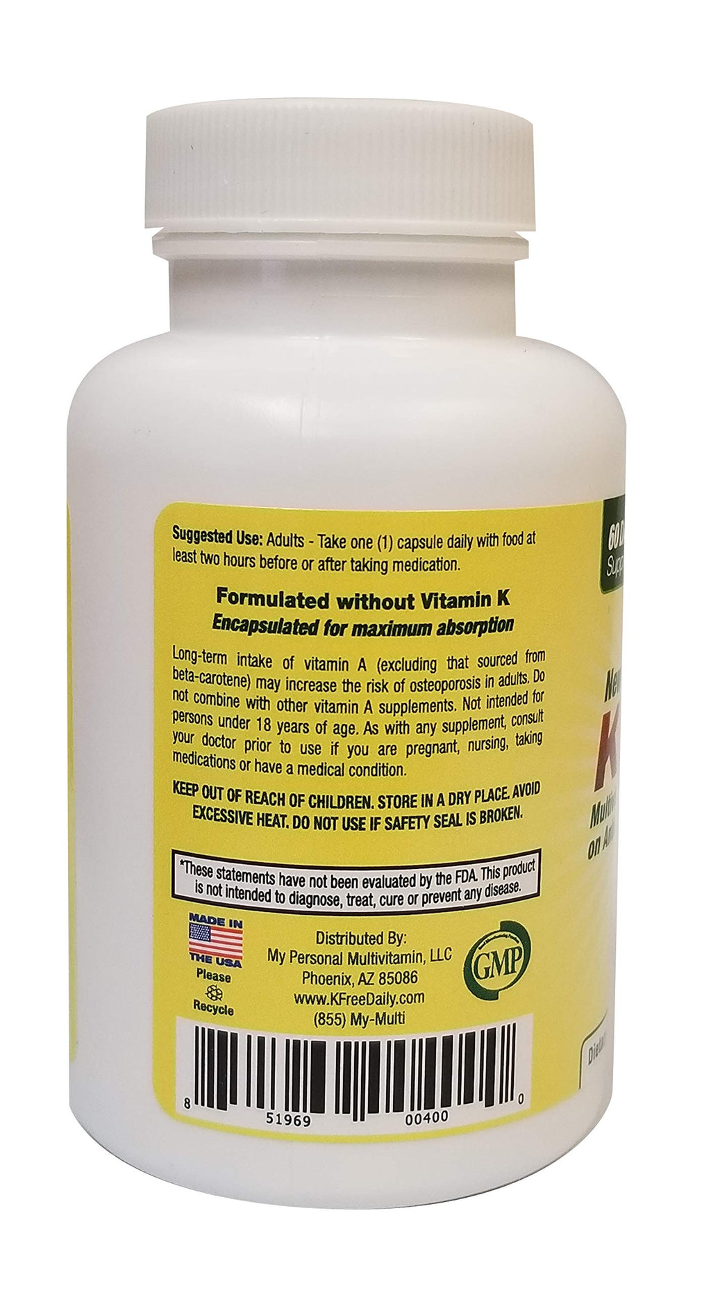 K Free Daily Multivitamin - No Vitamin K - Safe for People on Blood Thinners - 60 Capsules (2 Months Supply)