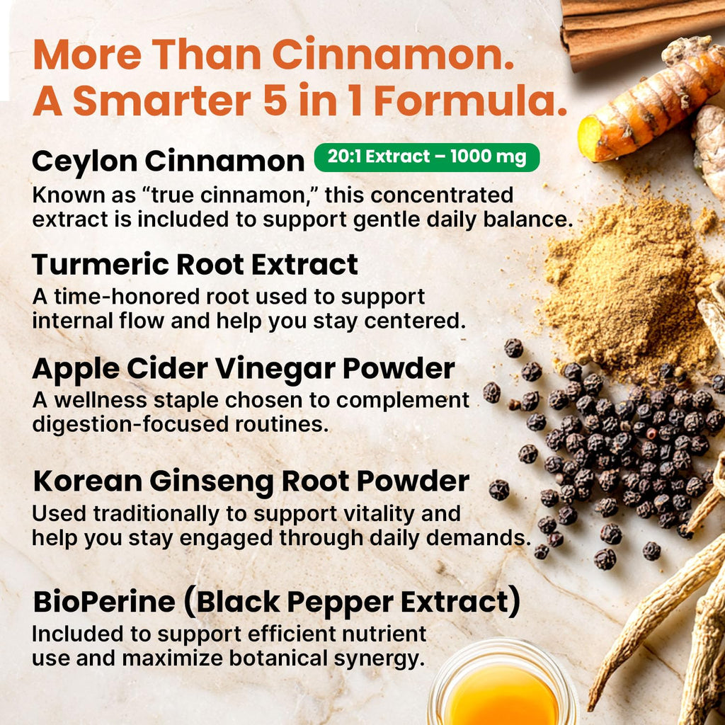 5-in-1 Ceylon Cinnamon Powder Extra Strength – Organic Ceylon Cinnamon Capsules with Turmeric, Apple Cider Vinegar, Korean Ginseng & BioPerine for Metabolism & Energy Support Pills (120 Ct, 2 Pack)