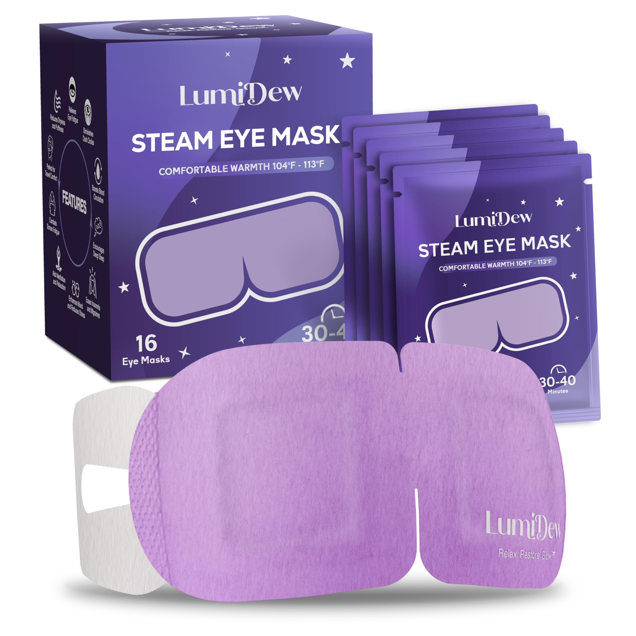 LumiDew Steam Eye Mask, Self Heating Heated Eye Mask for Sleep, Warm Compress for Eyes, Moist Heat for Dry Eye Relief, Stye Eye Treatment, Spa, Travel Essentials, Unscented 16 Pack