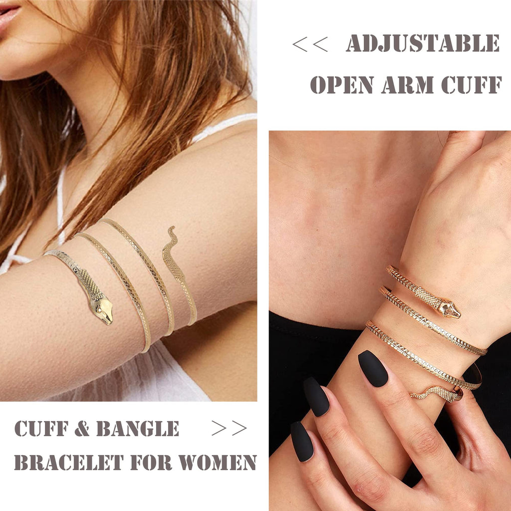 EIELO 10Pcs Arm Cuff Bracelets for Women Upper Arm Bands Snake Feather Armband Greek Goddess Filigree Swirl Boho Armlet Cuff Bangle Adjustable Golden Arm Bracelet Set