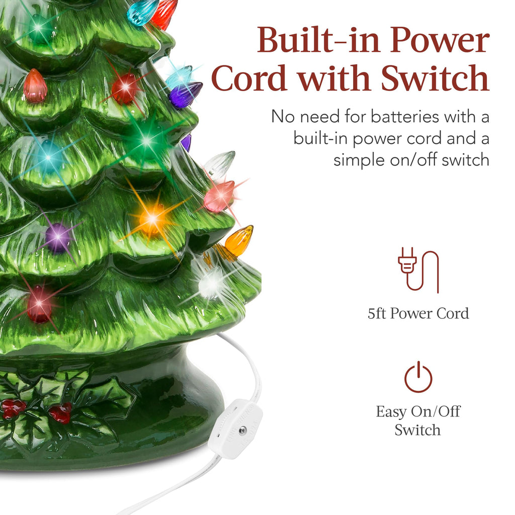 Best Choice Products 15in Ceramic Christmas Tree, Pre-lit Hand-Painted Tabletop Holiday Tree, Star Topper, 64 Lights - Green w/Multicolored Bulbs