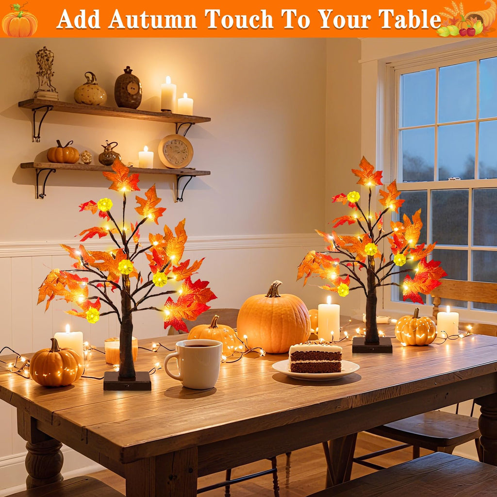 TURNMEON Fall Decor 2 Pack 18 Inch Prelit Fall Maple Tree 48 LEDs Timer