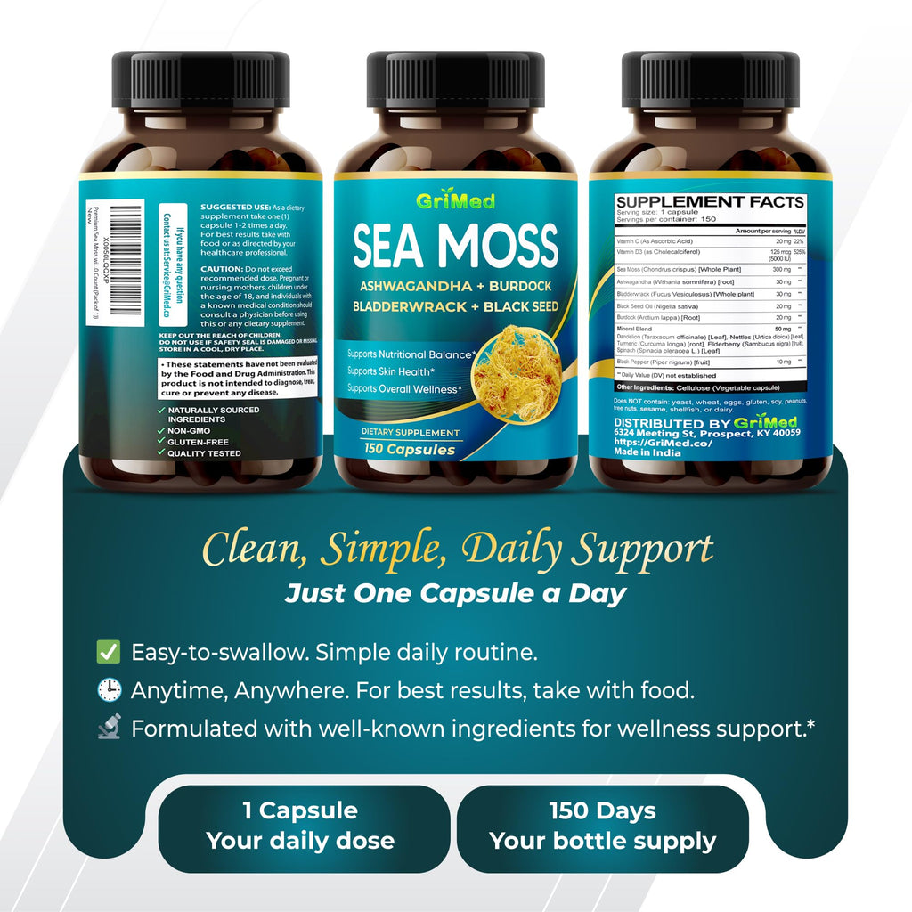Premium Sea Moss with Ashwagandha, Burdock Bladderwrack, Black Seed for Immune System, Skin, Digestion & Energy (150 Count (Pack of 1))