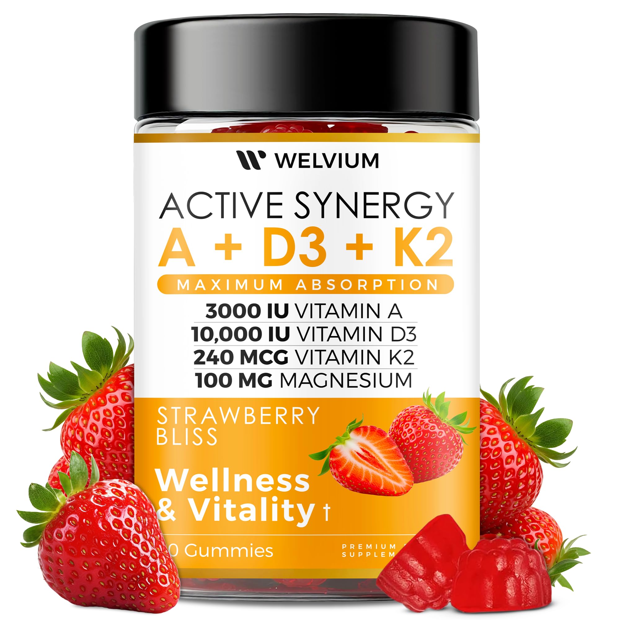 WELVIUM Vitamin D3 K2 Gummies 10000 IU with Magnesium Glycinate, Calcium, B12, K2 MK-7, Vitamins A, E, Lutein, Zeaxanthin - ADK Chewable Supplement for Bone, Eye, Immune Support - D3K2 Gummies